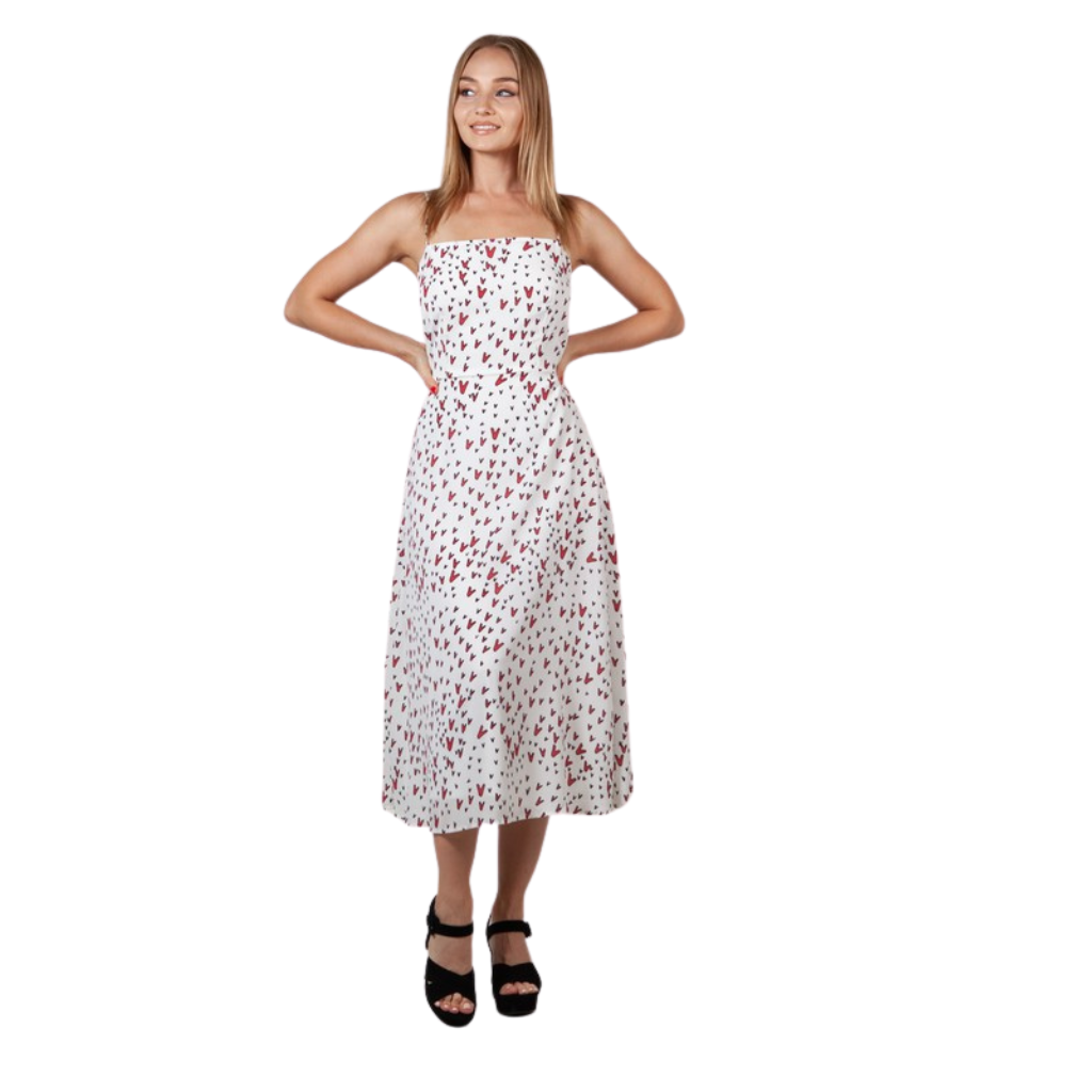 Vestido midi blanco con estampado de corazones