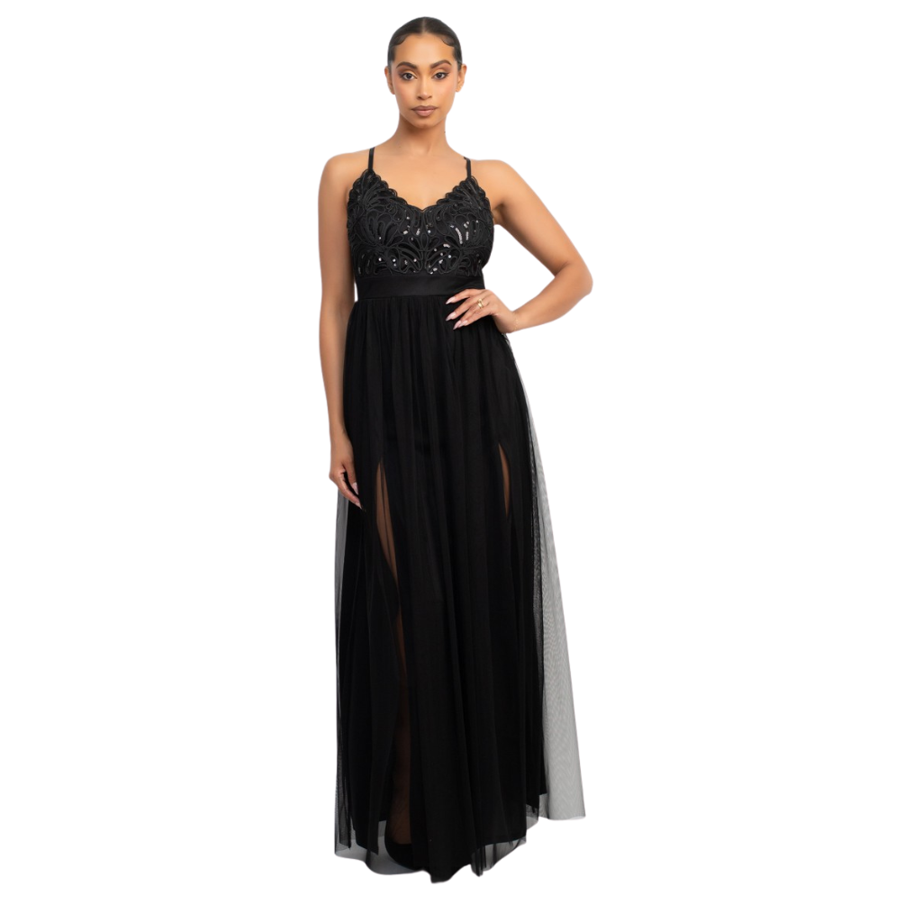 Vestido Largo Negro con Encaje y Tul