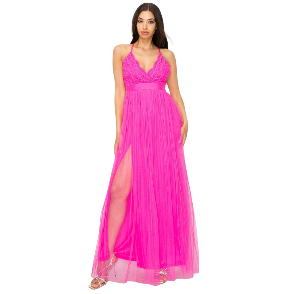 Vestido Largo Rosa Fucsia con Encaje y Abertura