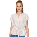 Blusa Beige Ligera con Ajuste en Cintura Manga Corta Elegante