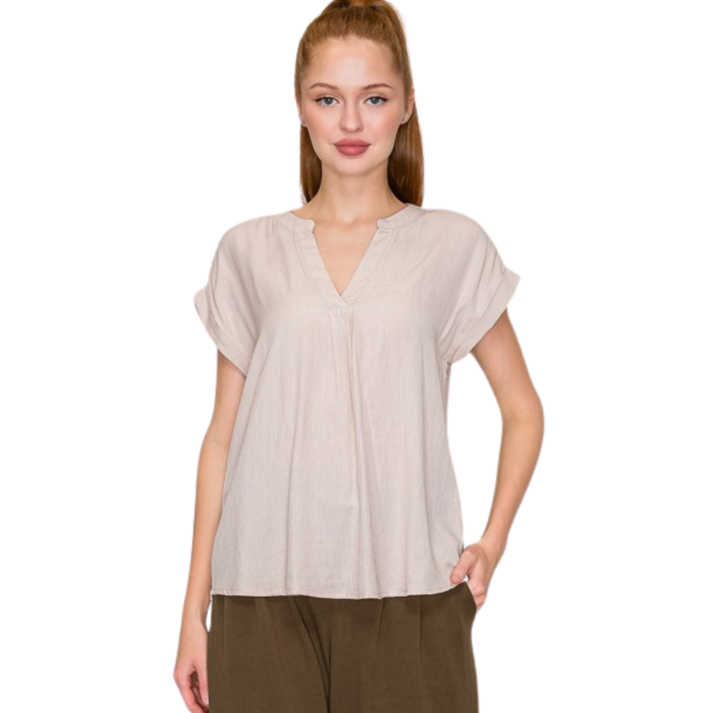Blusa Beige Básica Suelta Manga Corta Cuello V