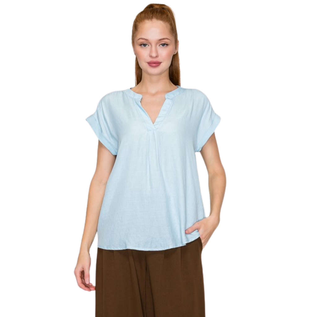 Blusa Azul Claro Básica Ligera Manga Corta Corte Fluido