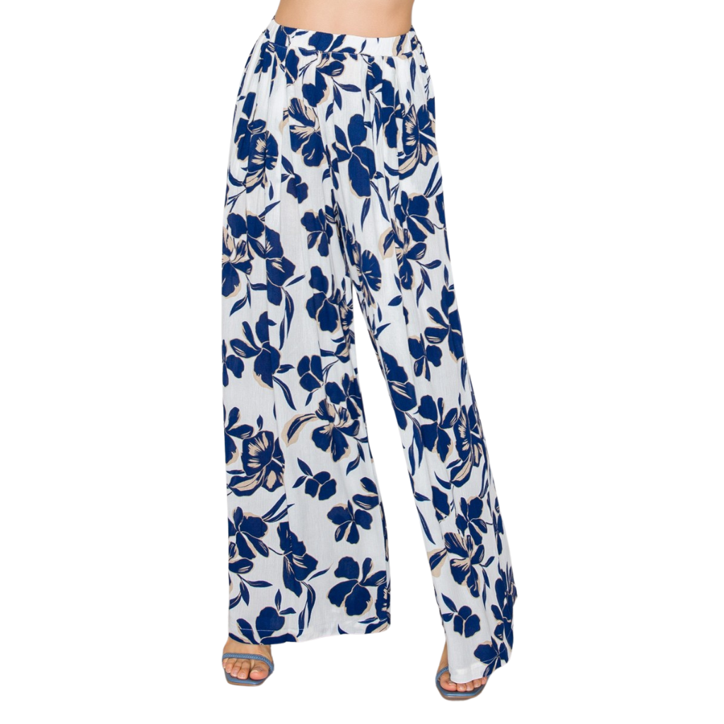 Pantalón Palazzo Blanco con Estampado Floral Azul