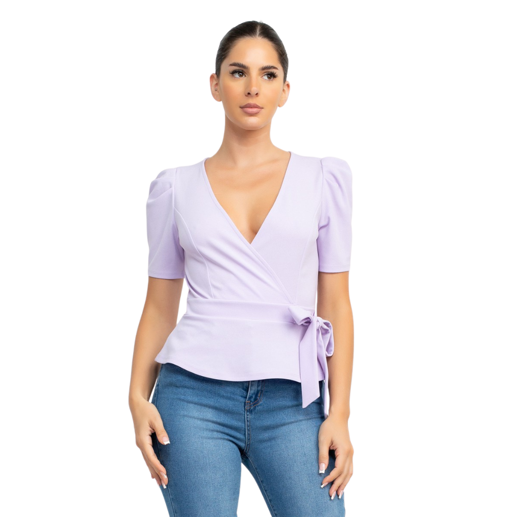 Blusa Lila Cruzada con Manga Abullonada