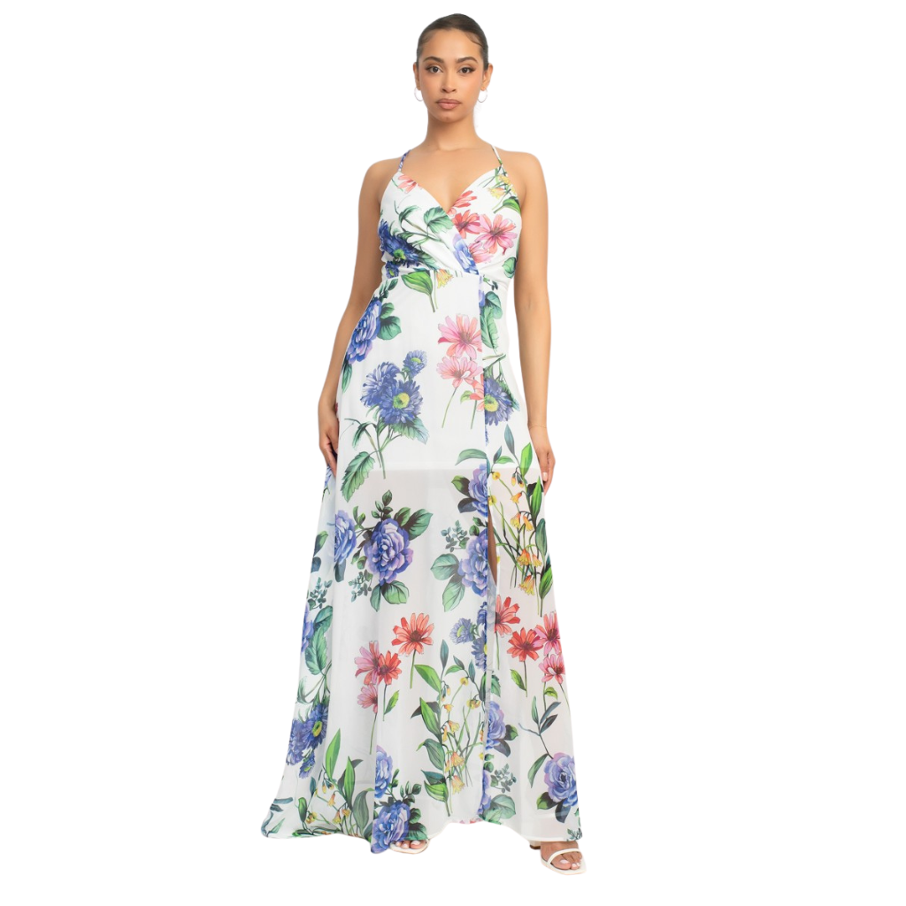Vestido Largo Floral con Escote Cruzado y Abertura