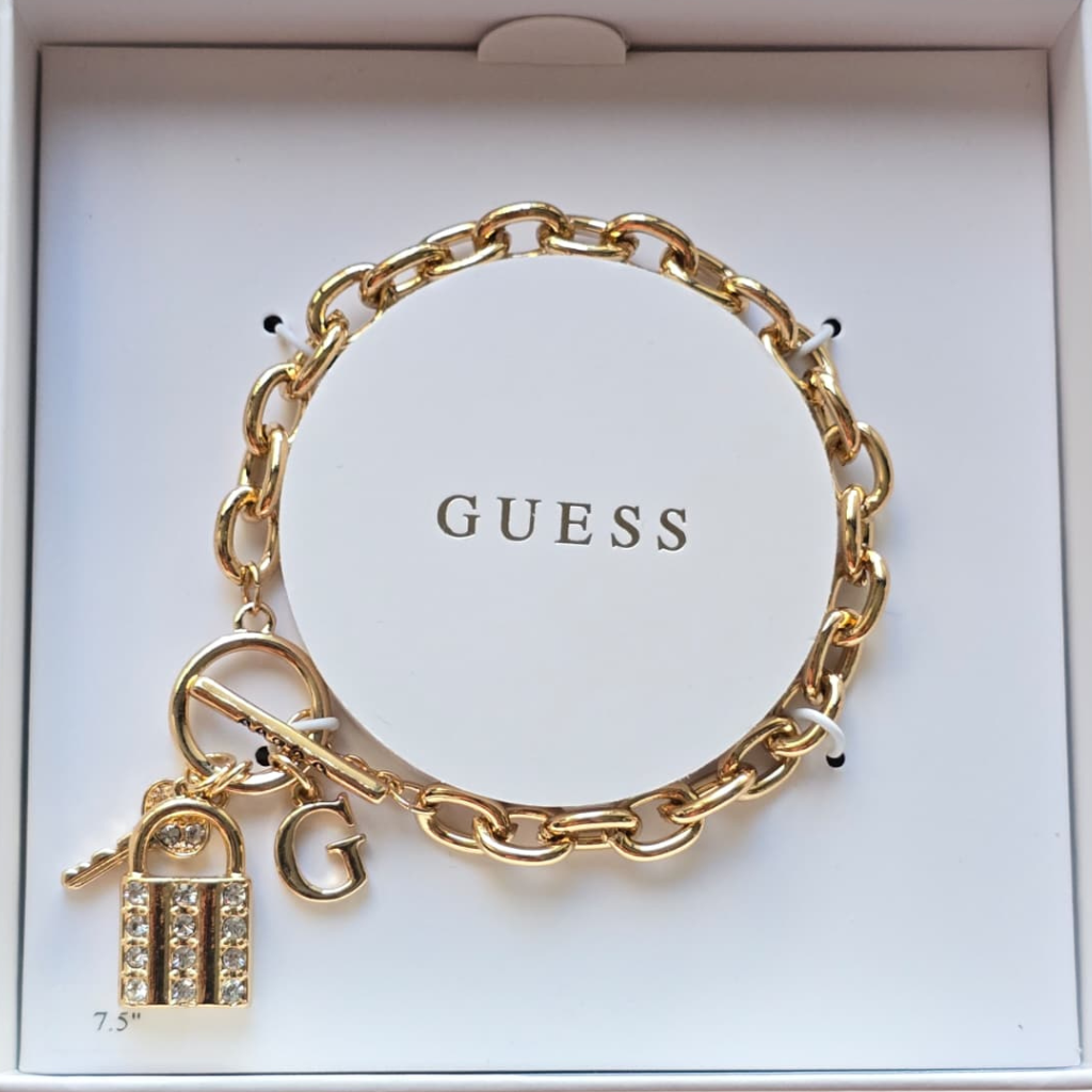 Pulsera Guess Original Dorada con Dijes de Candado, Llave y Logo G con Cristales