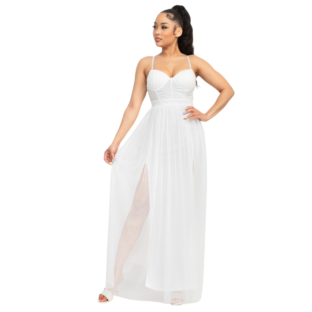 Vestido largo blanco con corset y doble abertura