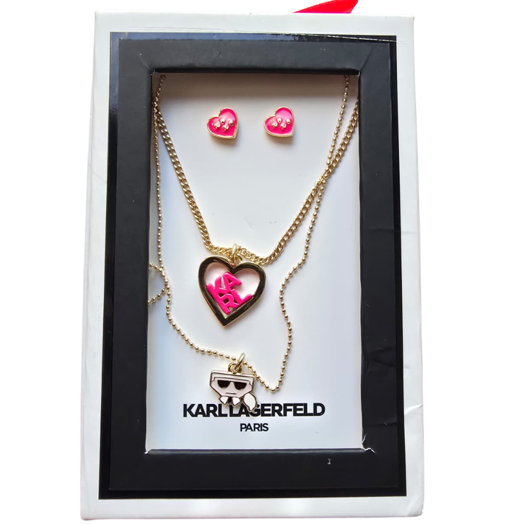 Set Karl Lagerfeld Original Collar Doble con Dije Corazón KARL + Aretes Corazón Rosa para Mujer