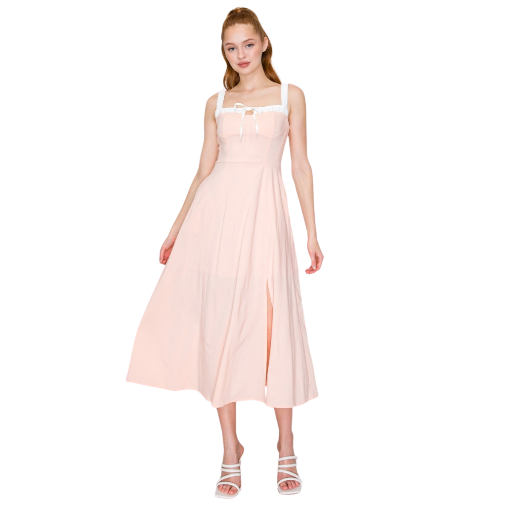 Vestido Midi Rosa Nude con Tirantes y Abertura Elegante