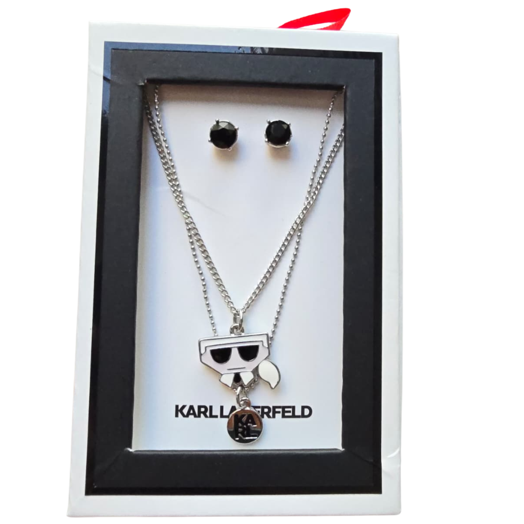 Set Karl Lagerfeld Original Collar Doble con Dije Ikonik Karl + Aretes Negros para Mujer