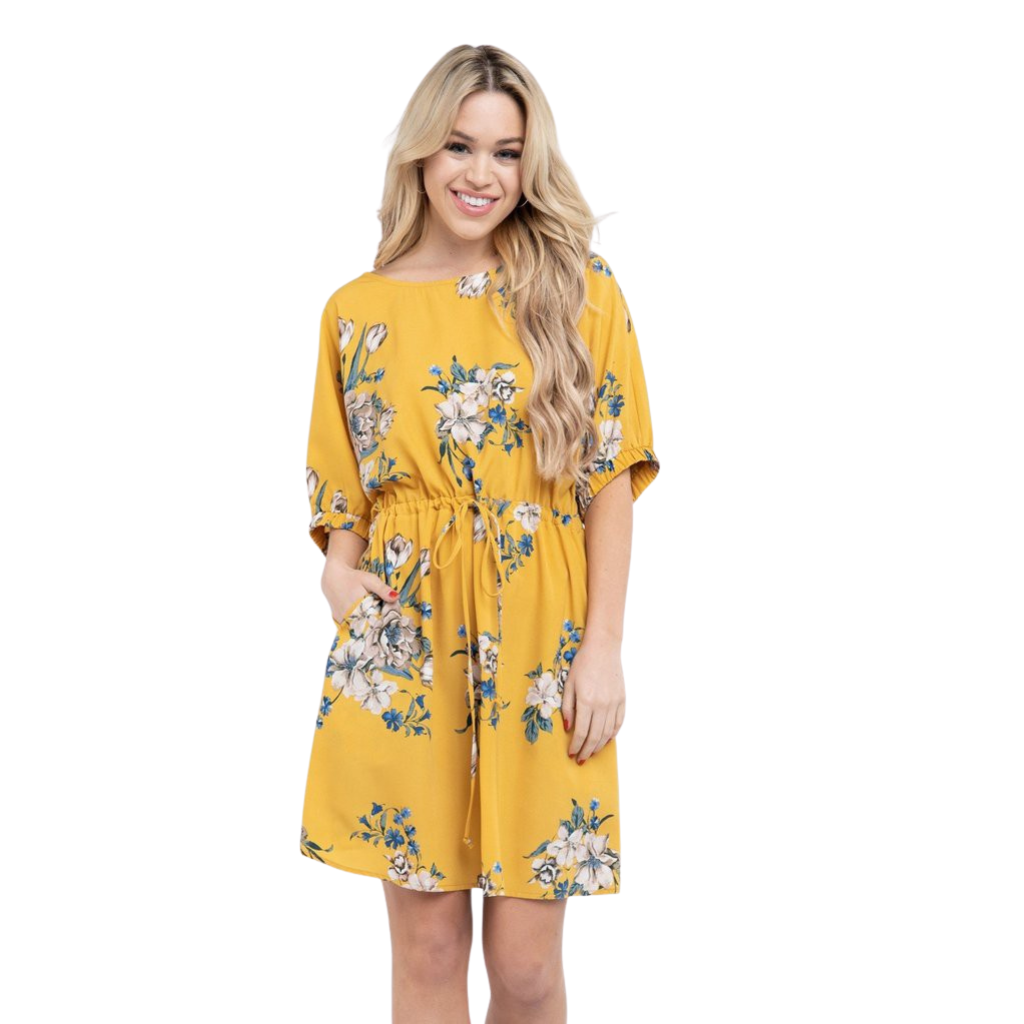 Vestido amarillo floral con cinturón ajustable