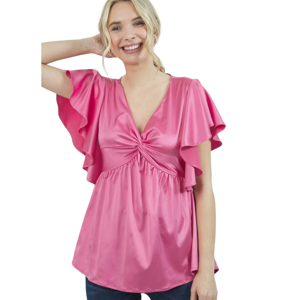 Blusa rosa satín con mangas amplias y espalda descubierta