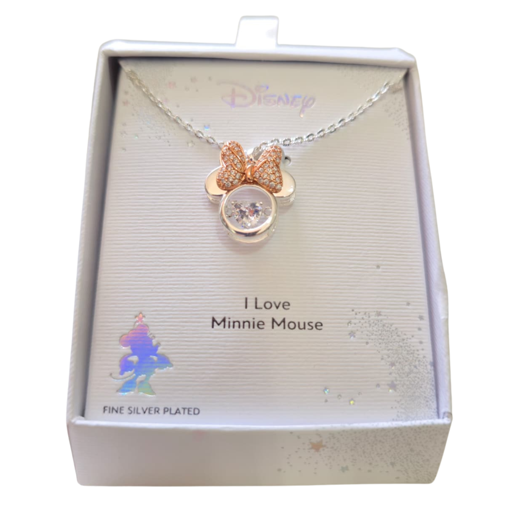 Collar Disney Minnie Mouse Plateado con Moño Rose Gold y Cristal