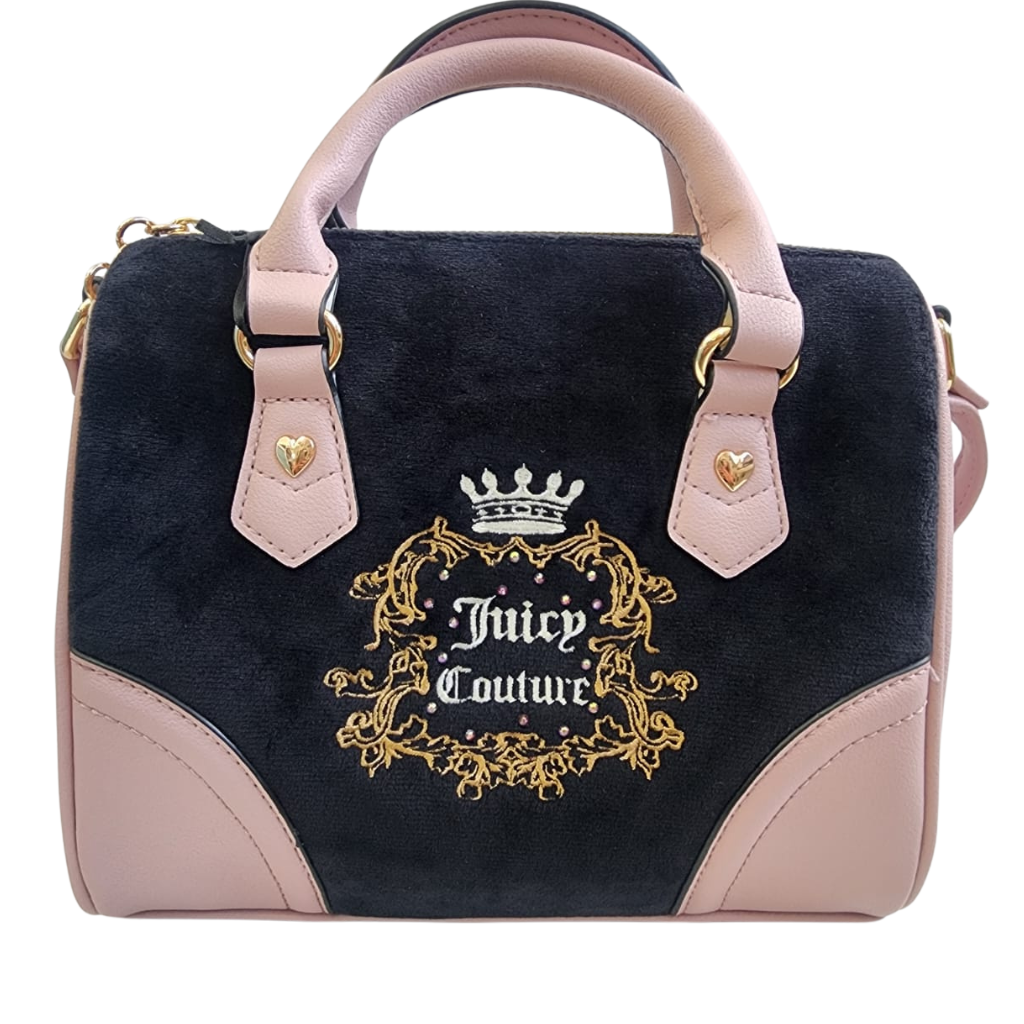 Bolsa Juicy Couture terciopelo negro con detalles rosa y correa ajustable