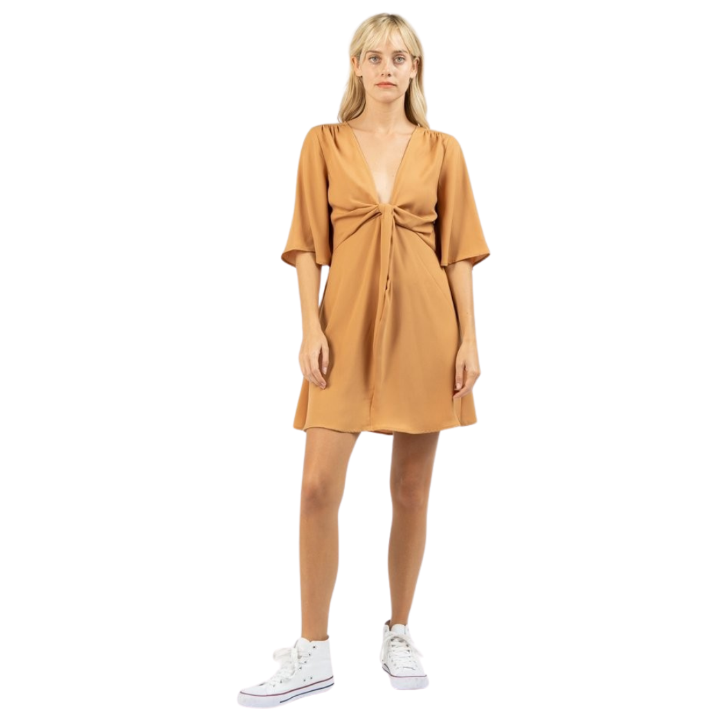 Vestido mostaza midi escote "v"