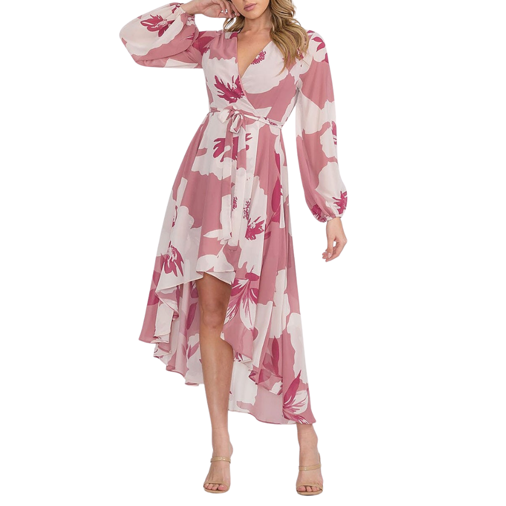 Vestido Largo Asimétrico Floral Rosa con Cinturón