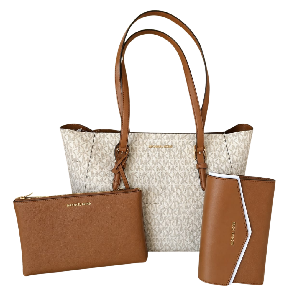 Bolsa Tote Michael Kors Original 3 en 1 Signature Vanilla con Cartera y Pouch Café