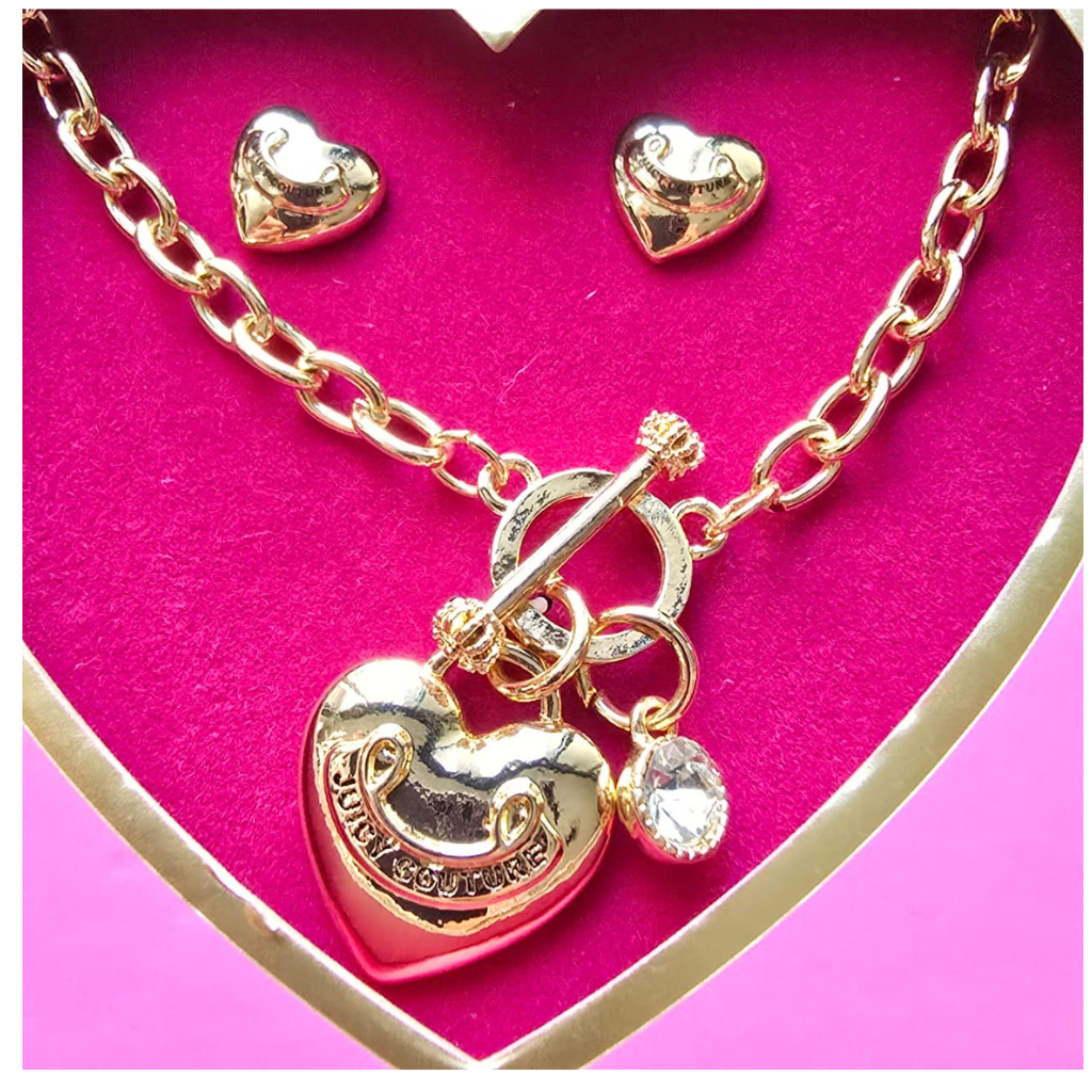 Set Juicy Couture Original Collar con Dije de Corazón y Cristal + Aretes Dorados para Mujer