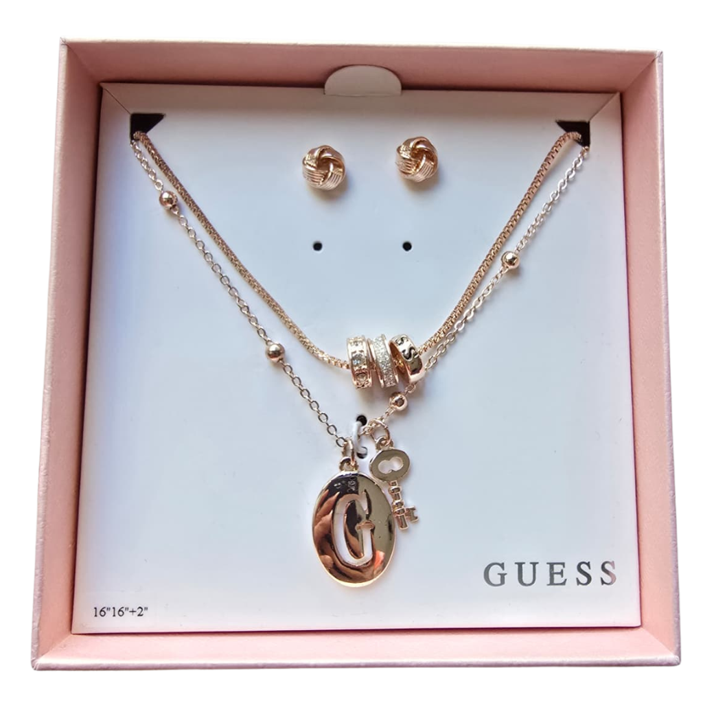 Set Guess Original Collar Doble con Dije G y Llave + Aretes Color Oro Rosa para Mujer