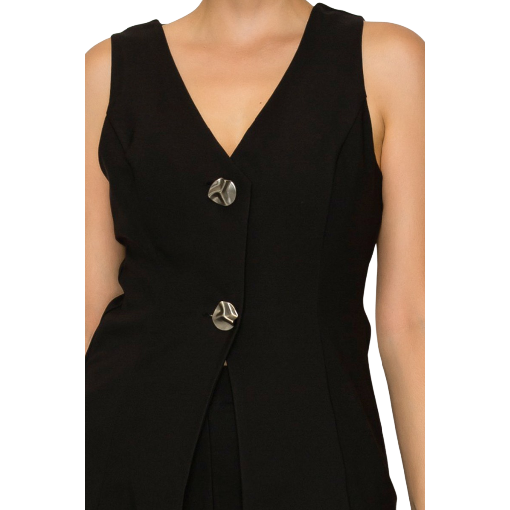 Blusa Negra Elegante sin Manga con Botones Metálicos