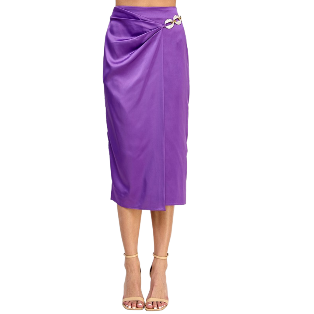 Falda midi morada satinada con drapeado
