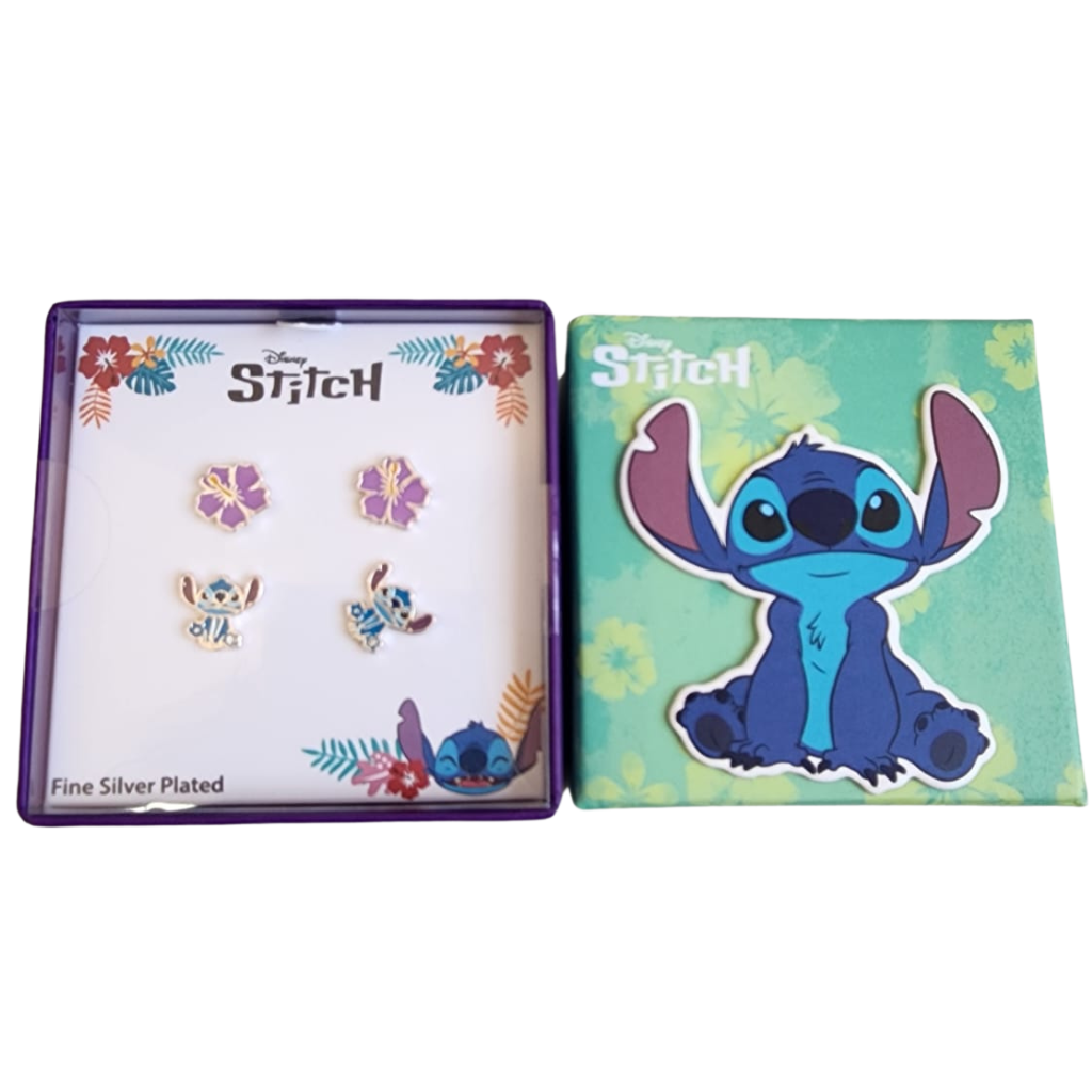 Set aretes Disney Stitch con diseño floral y Stitch plateado