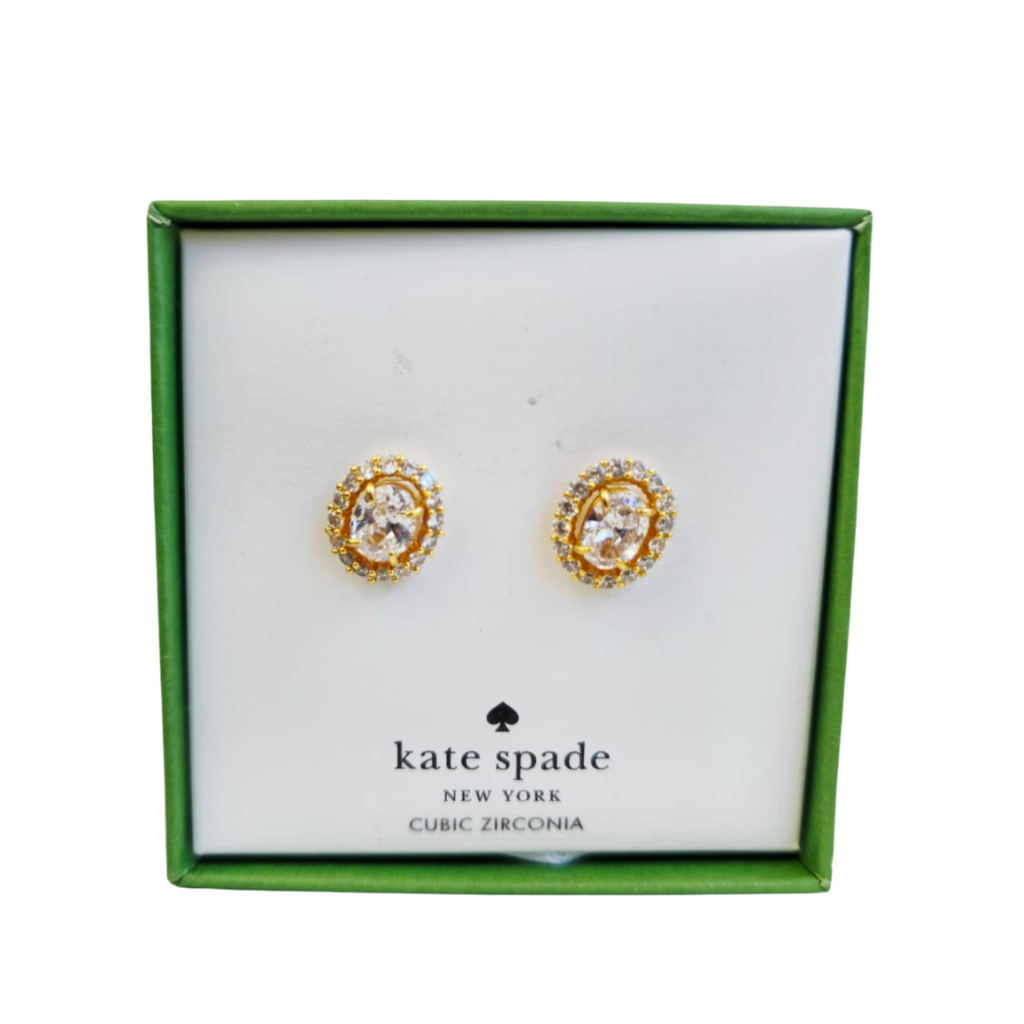 Aretes Kate Spade dorados con cristal ovalado y halo de zirconias