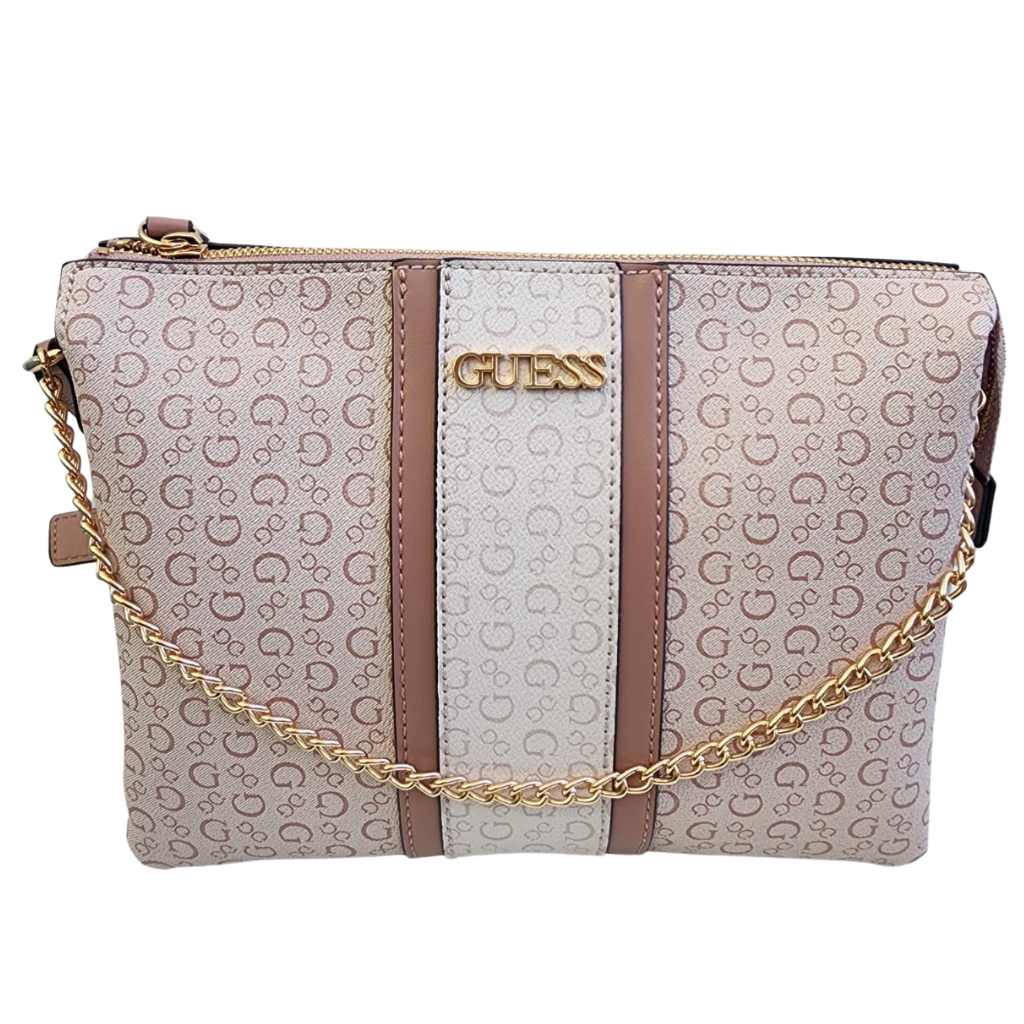 Bolsa Guess crossbody monograma beige / rosa con cadena dorada