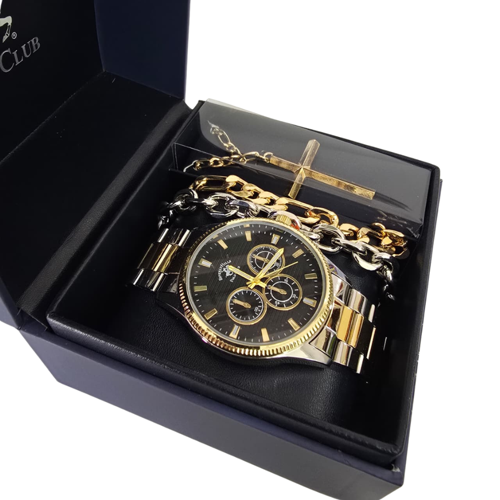 Set Beverly Hills Polo Club para Hombre con Reloj Bicolor, Pulseras y Collar con Cruz