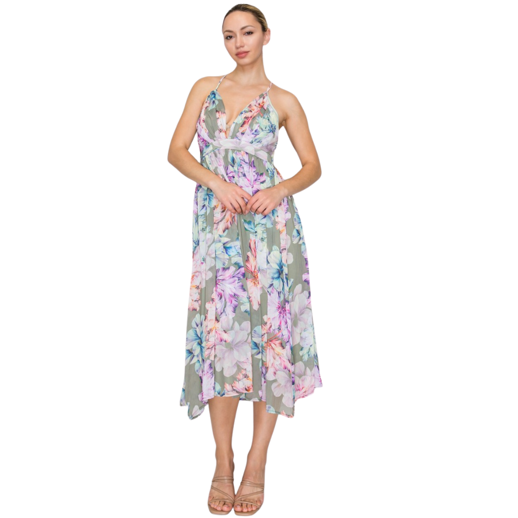 Vestido Midi Floral Tirantes Cruzados Espalda Descubierta