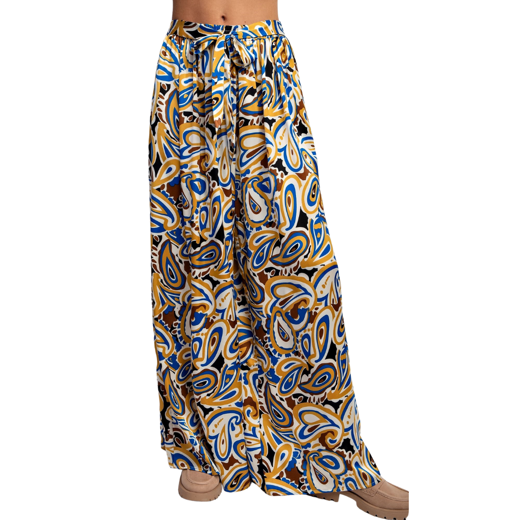 Pantalón Palazzo Estampado Retro Mostaza Azul