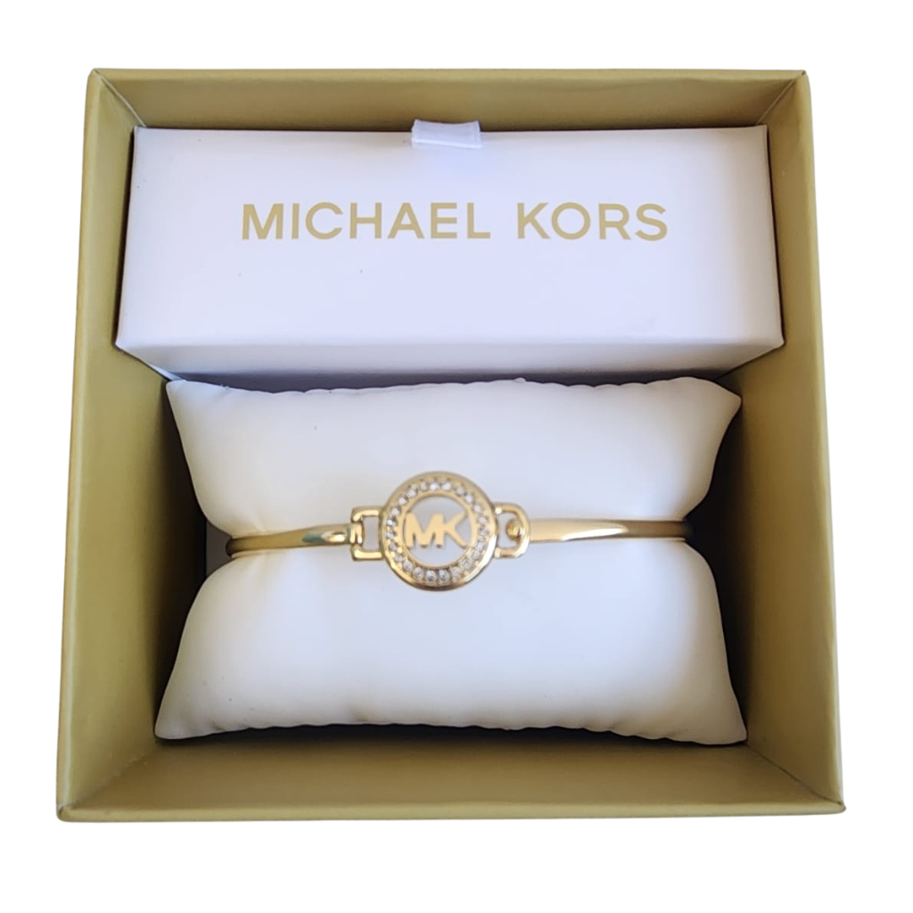 Pulsera rígida Michael Kors dorada con logo MK y cristales