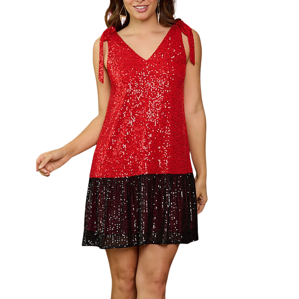 Vestido Rojo con Lentejuelas y Detalle Negro