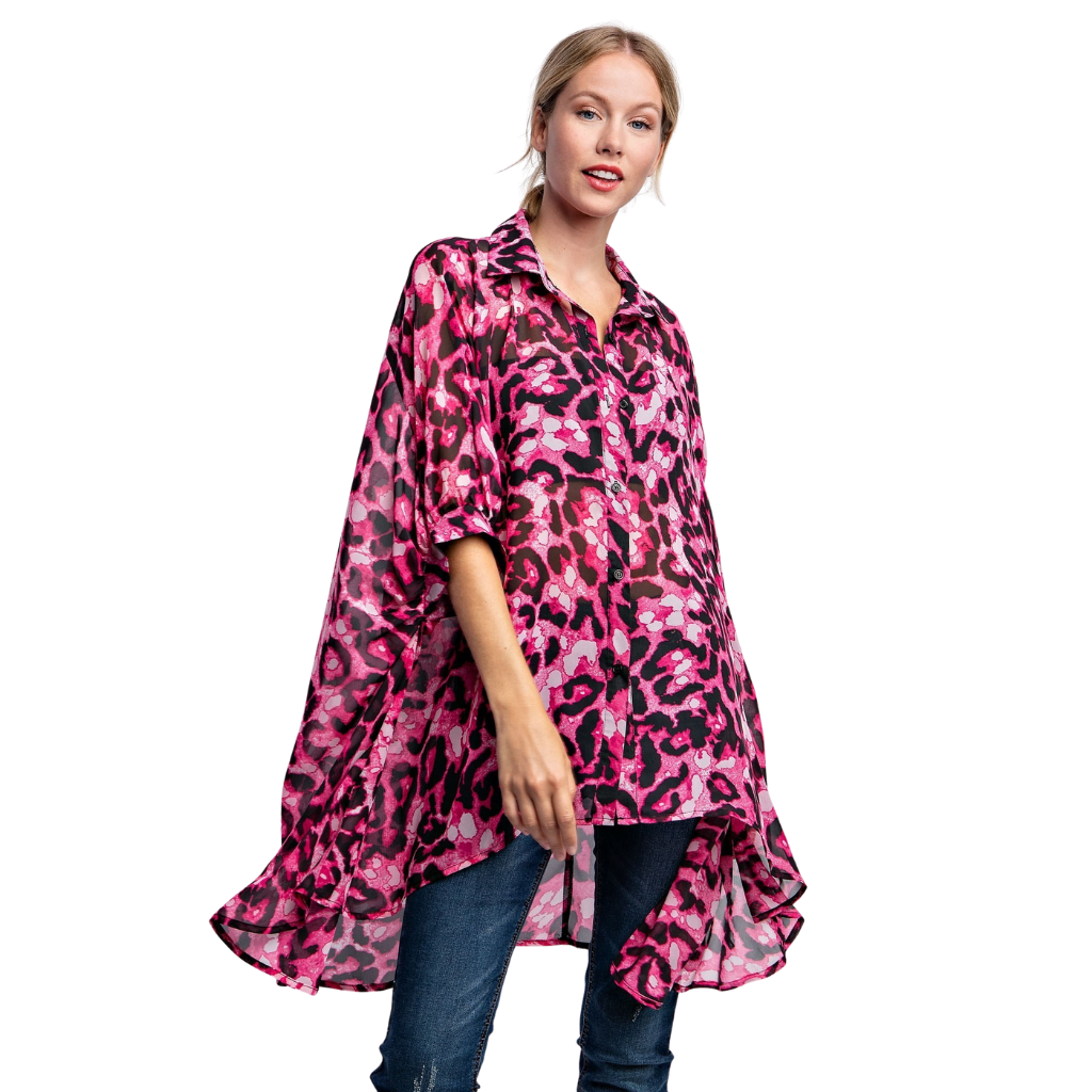 Maxi Blusa Animal Print Rosa Oversize