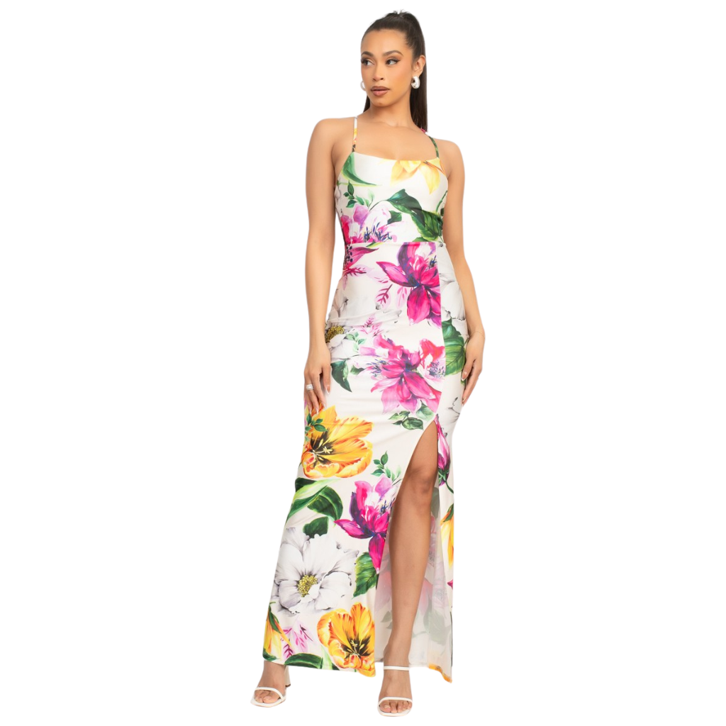 Vestido largo floral con espalda cruzada y abertura lateral