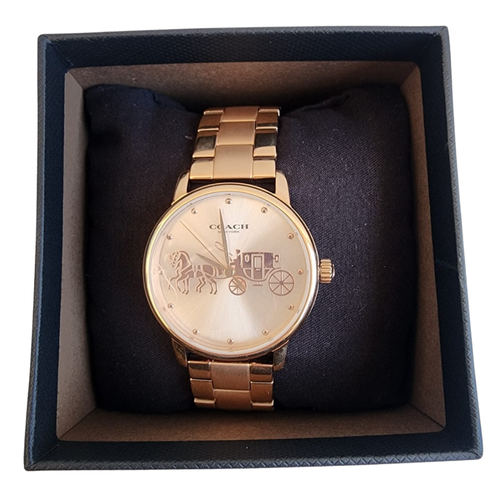 Reloj Coach Mujer Dorado Acero Inoxidable Diseño Carruaje Elegante