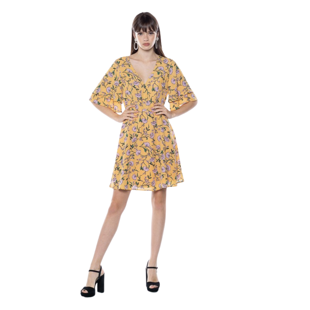 Vestido amarillo floral con escote en V y manga amplia