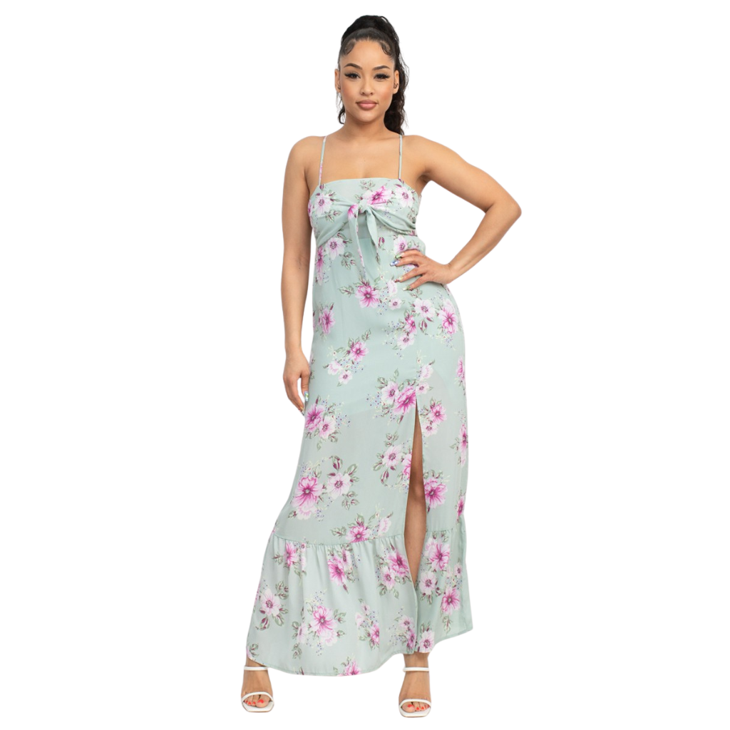 Vestido Largo Verde Floral con Abertura y Lazo