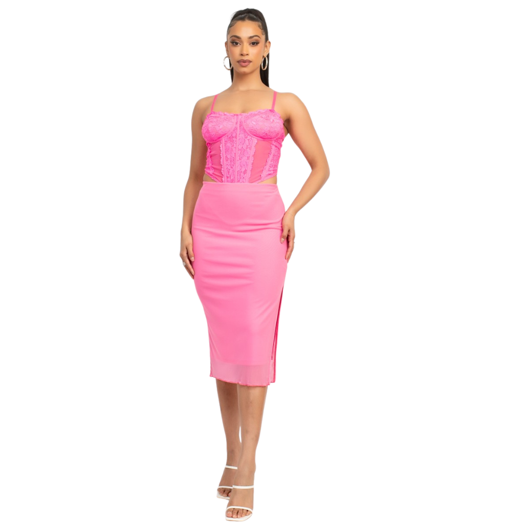 Falda midi rosa con abertura lateral