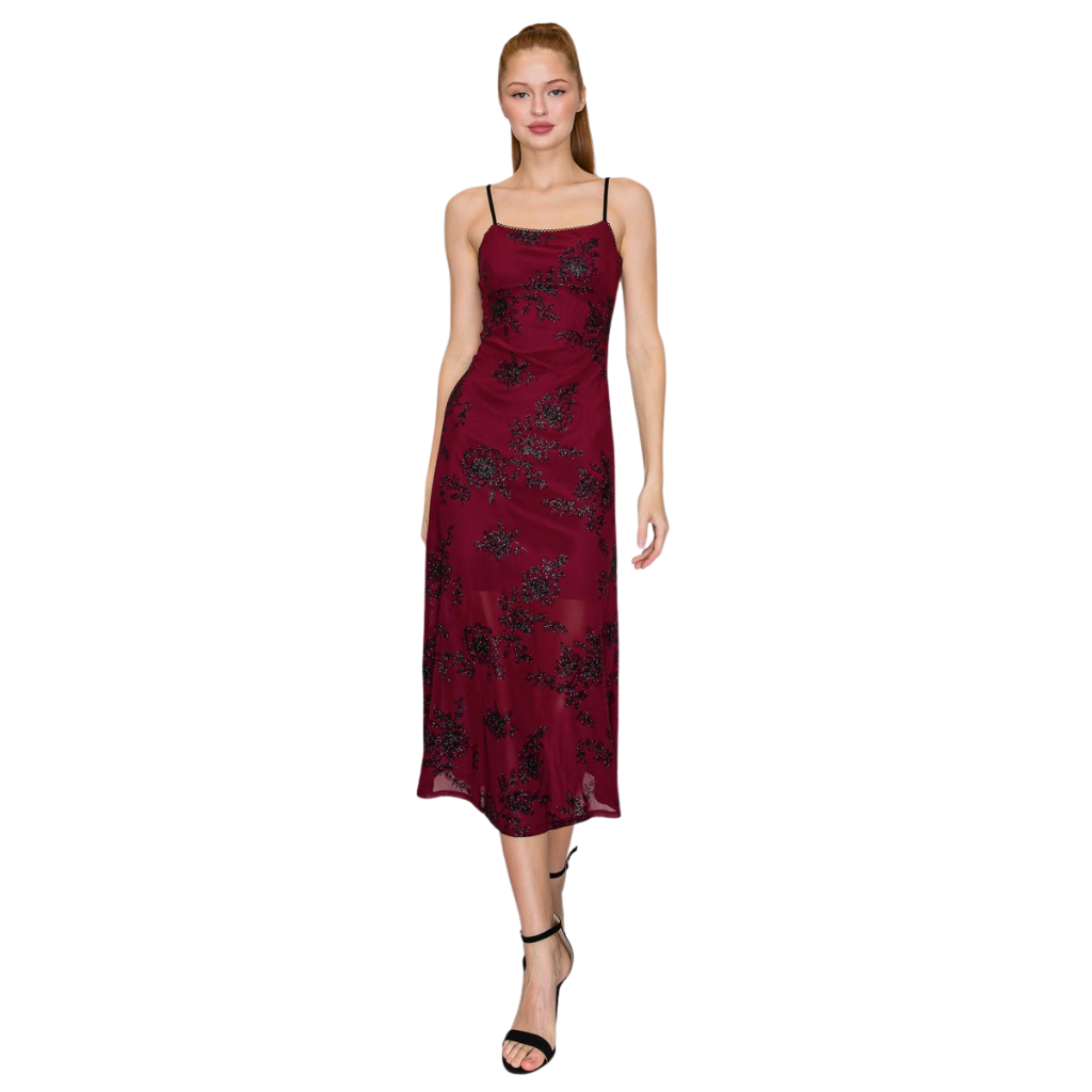 Vestido Midi Rojo con Aplicaciones Bordadas