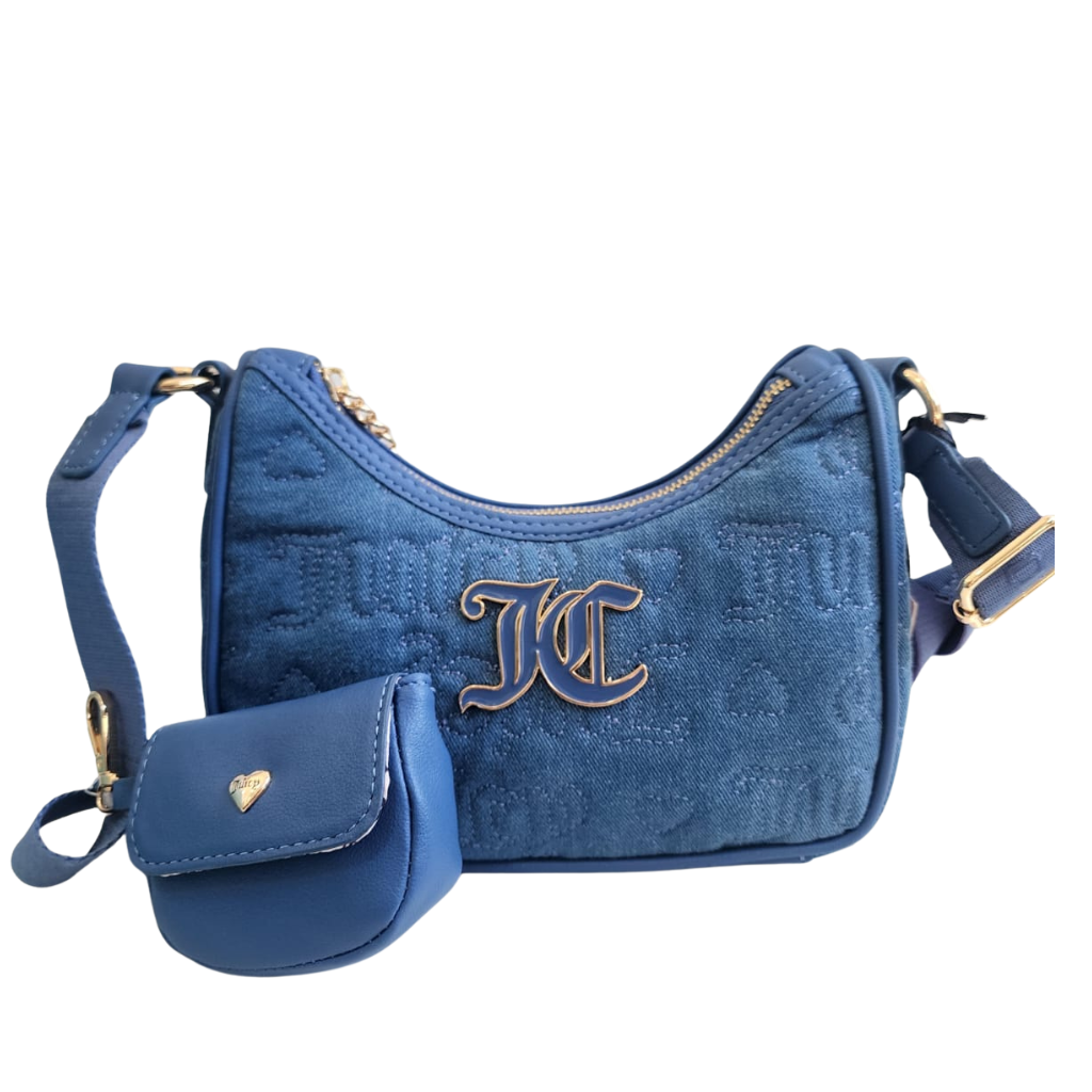Bolsa Juicy Couture denim azul con monedero y correa ajustable