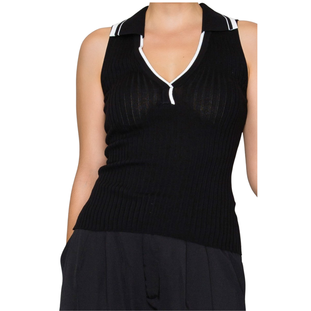 Blusa Negra Tejida Sin Manga Cuello Tipo Polo