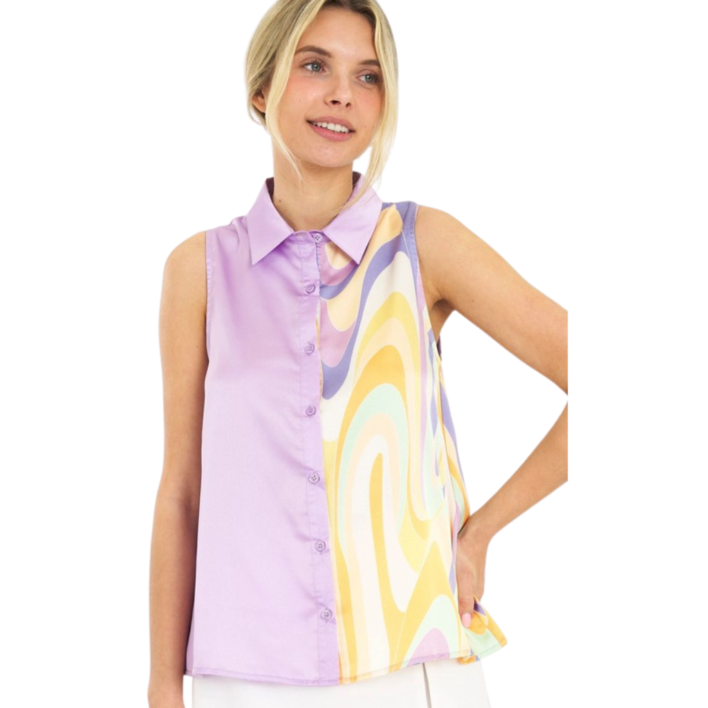 Blusa sin mangas lavanda con estampado