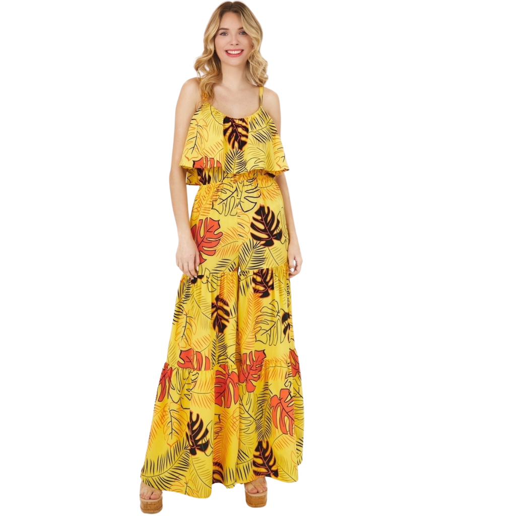 Jumpsuit largo amarillo estampado tropica