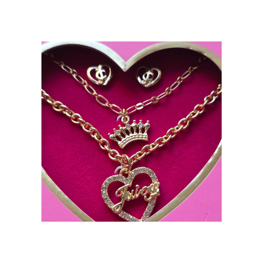 Set Juicy Couture Original Collar Doble + Aretes Dorados con Dije de Corazón y Corona