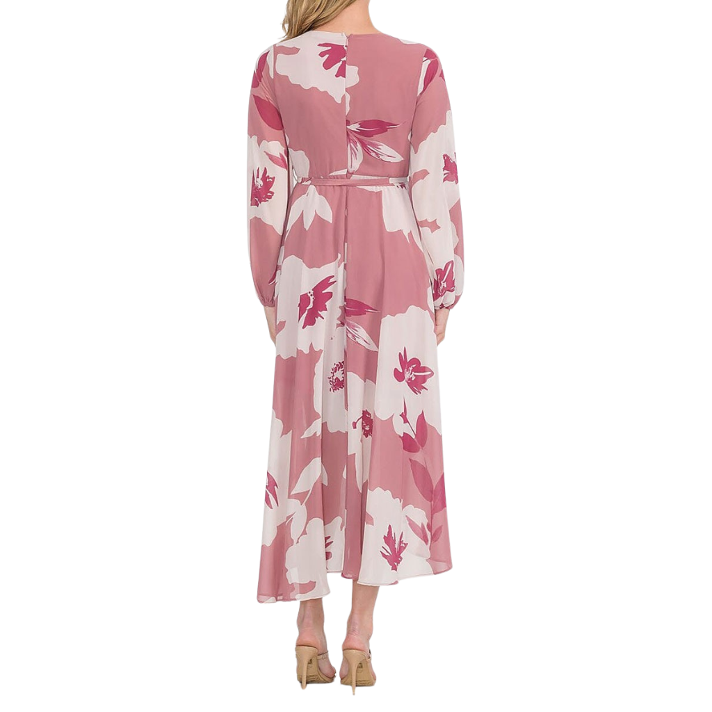 Vestido Largo Asimétrico Floral Rosa con Cinturón