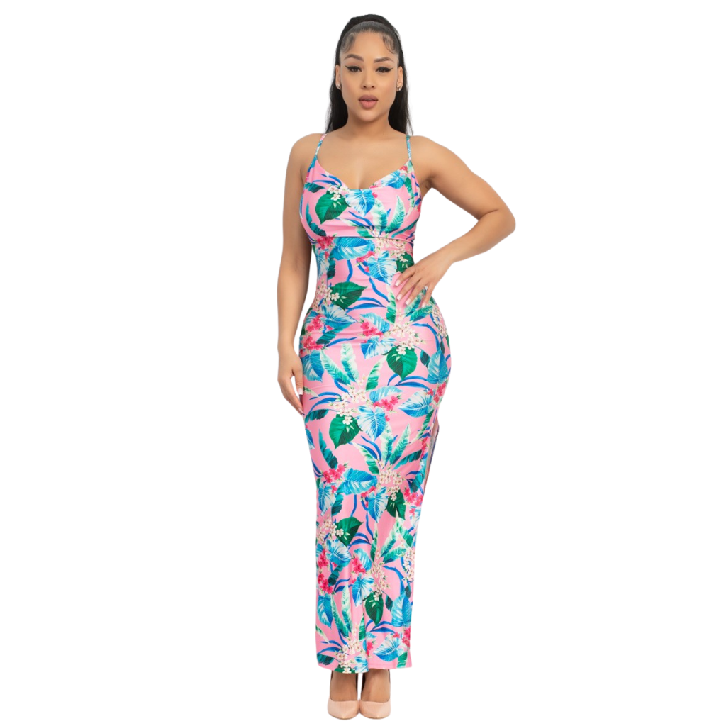Vestido largo estampado tropical con abertura lateral