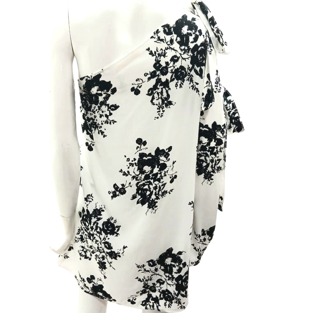 Vestido asimétrico floral blanco y negro con moños laterales