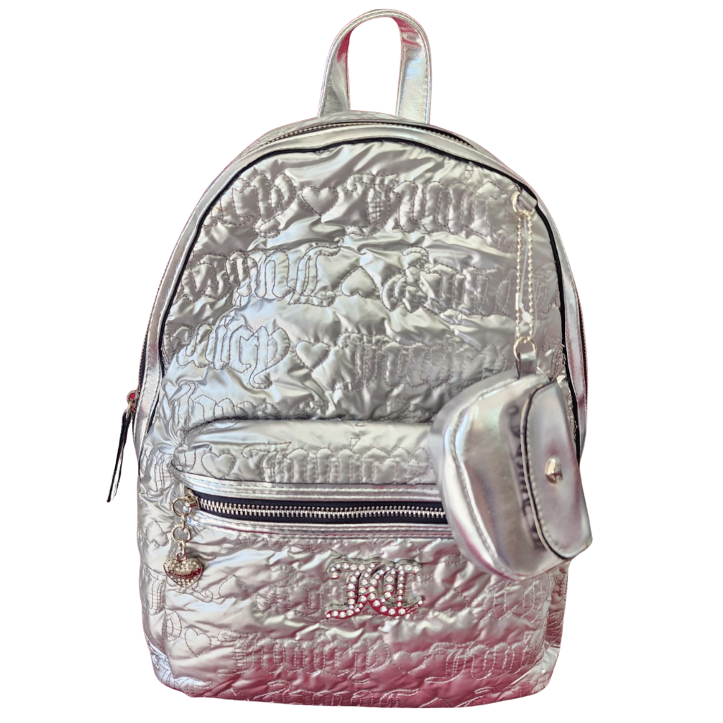 Mochila Juicy Couture original plateada con monedero colgante