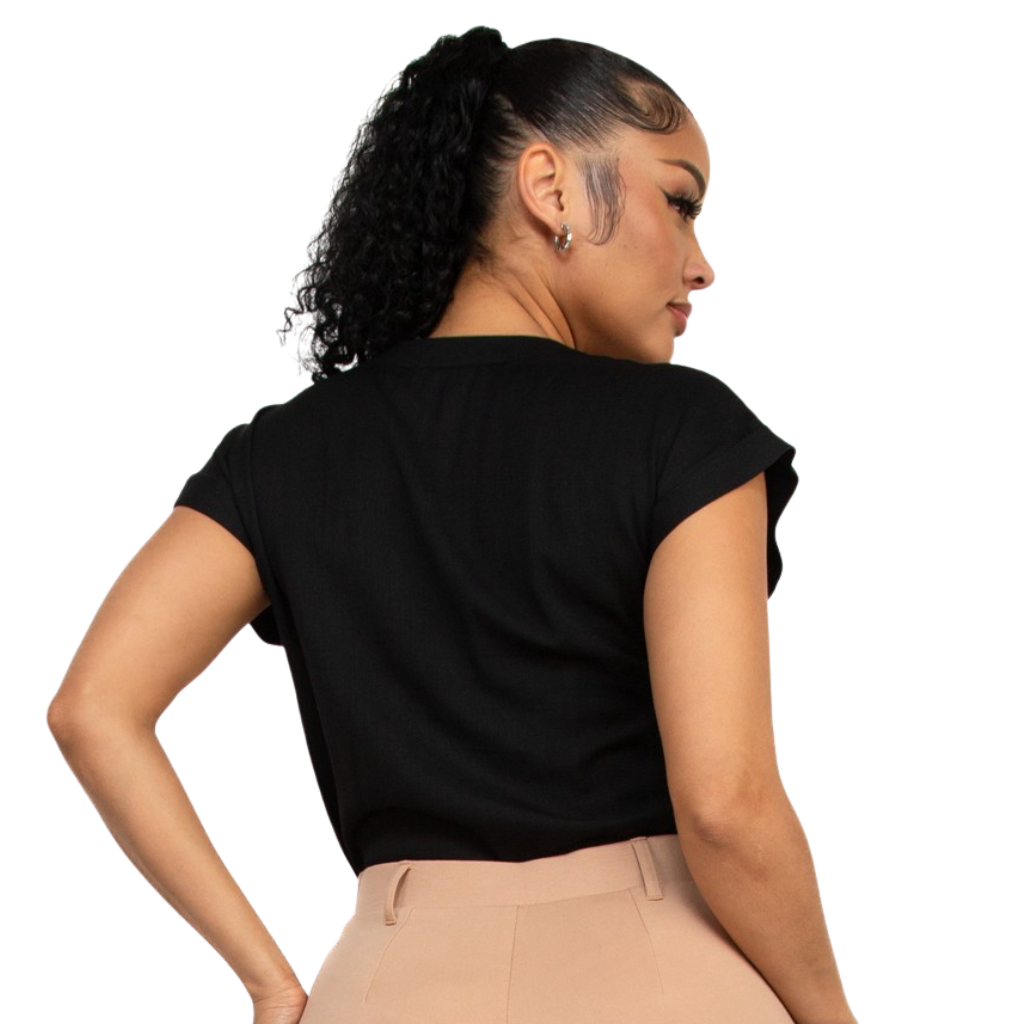 Blusa Negra Básica Elegante Manga Corta Corte Fluido